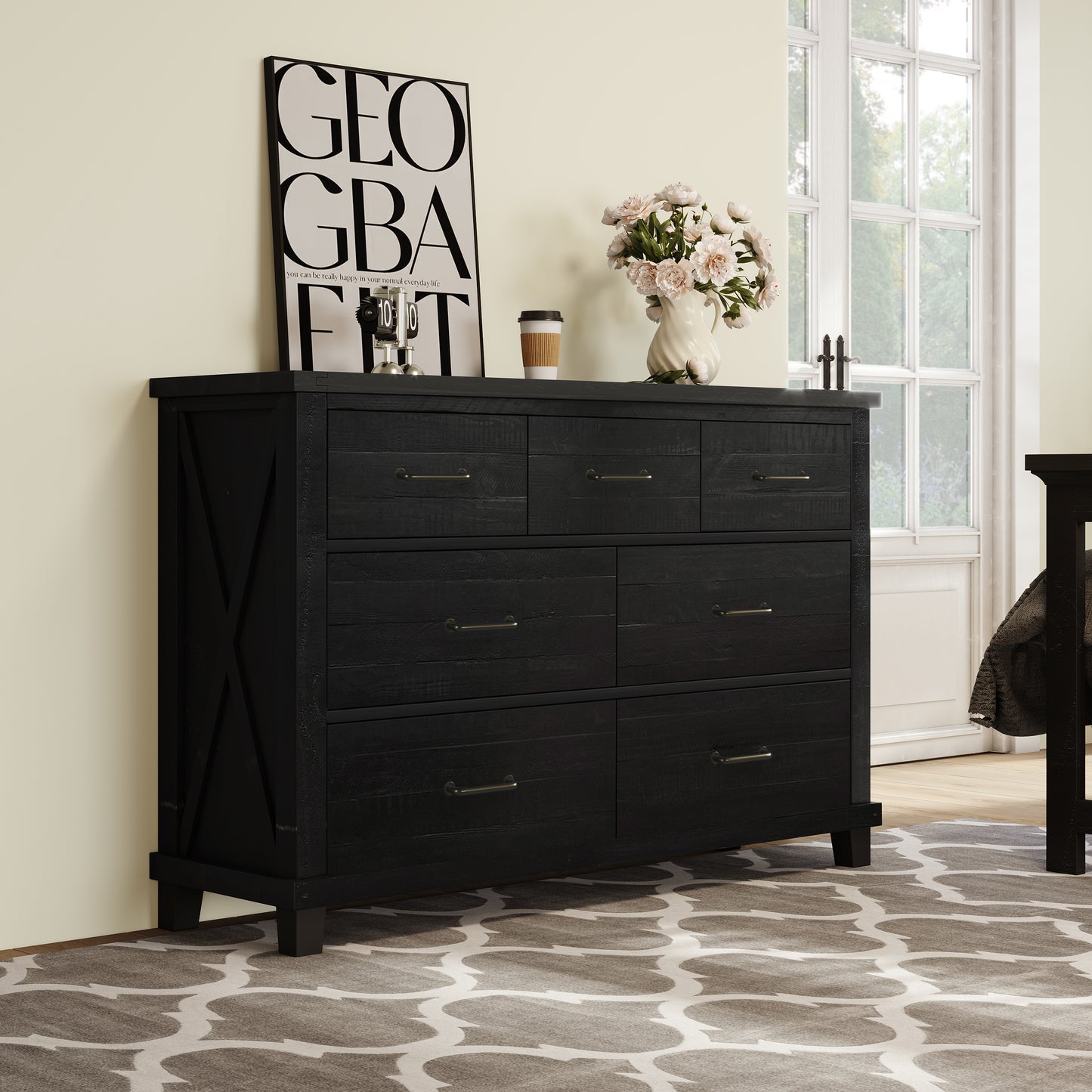 Rustic Farmhouse Style 3 Pieces Bedroom Sets Blackwash Queen Bed with 2 Drawers, Nightstand and Dresser, Coffee