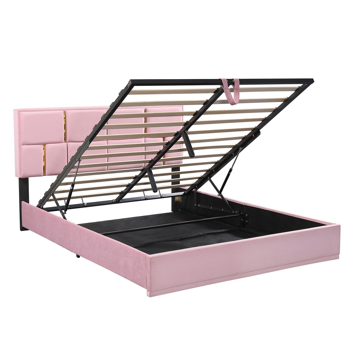2-Pieces Bedroom Sets,Queen Size Upholstered Platform Bed with Hydraulic Storage System,Storage Ottoman with Metal Legs,Pink