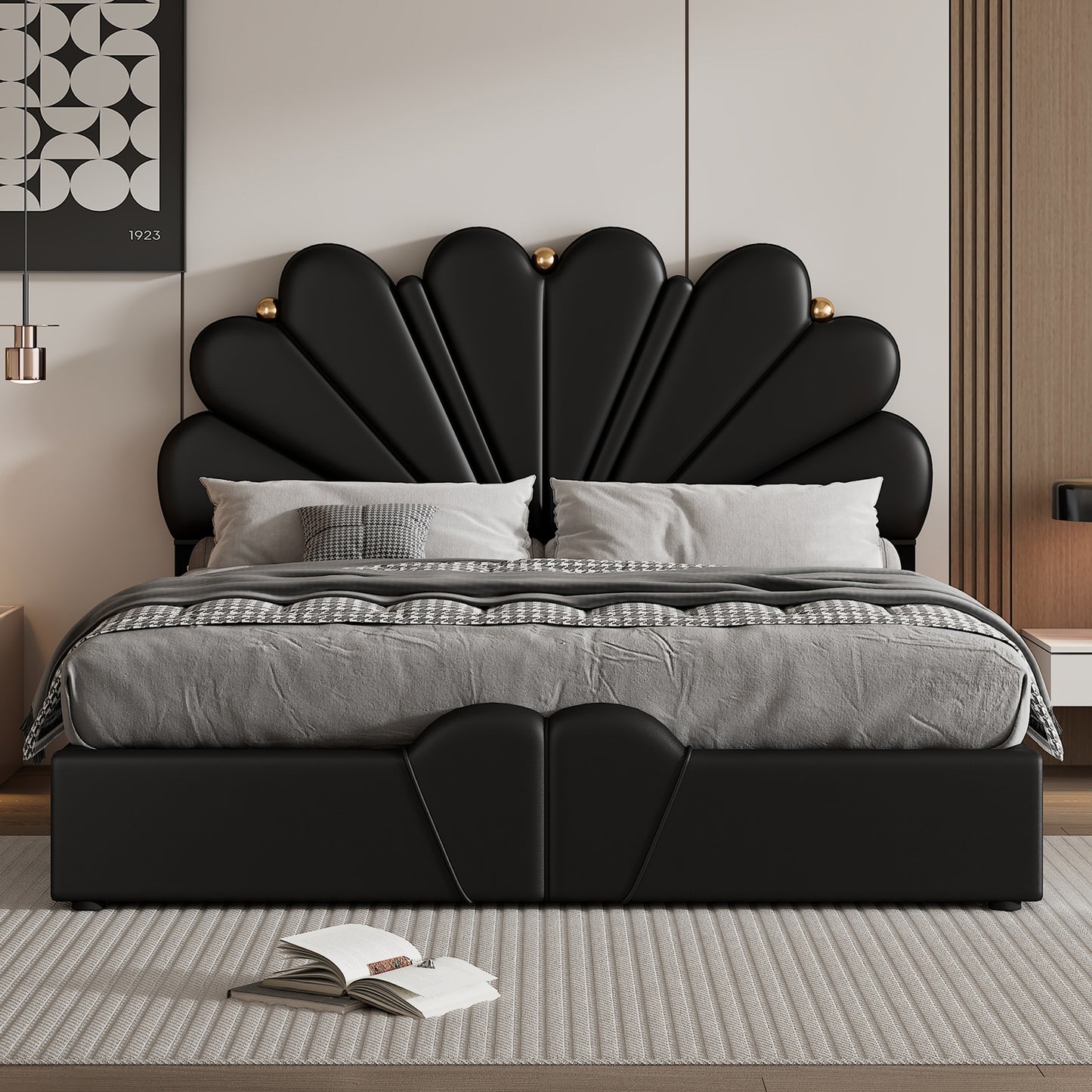 Queen Size Upholstered Petal Shaped Platform Bed with Hydraulic Storage System, PU Storage Bed, Decorated with metal balls, Black