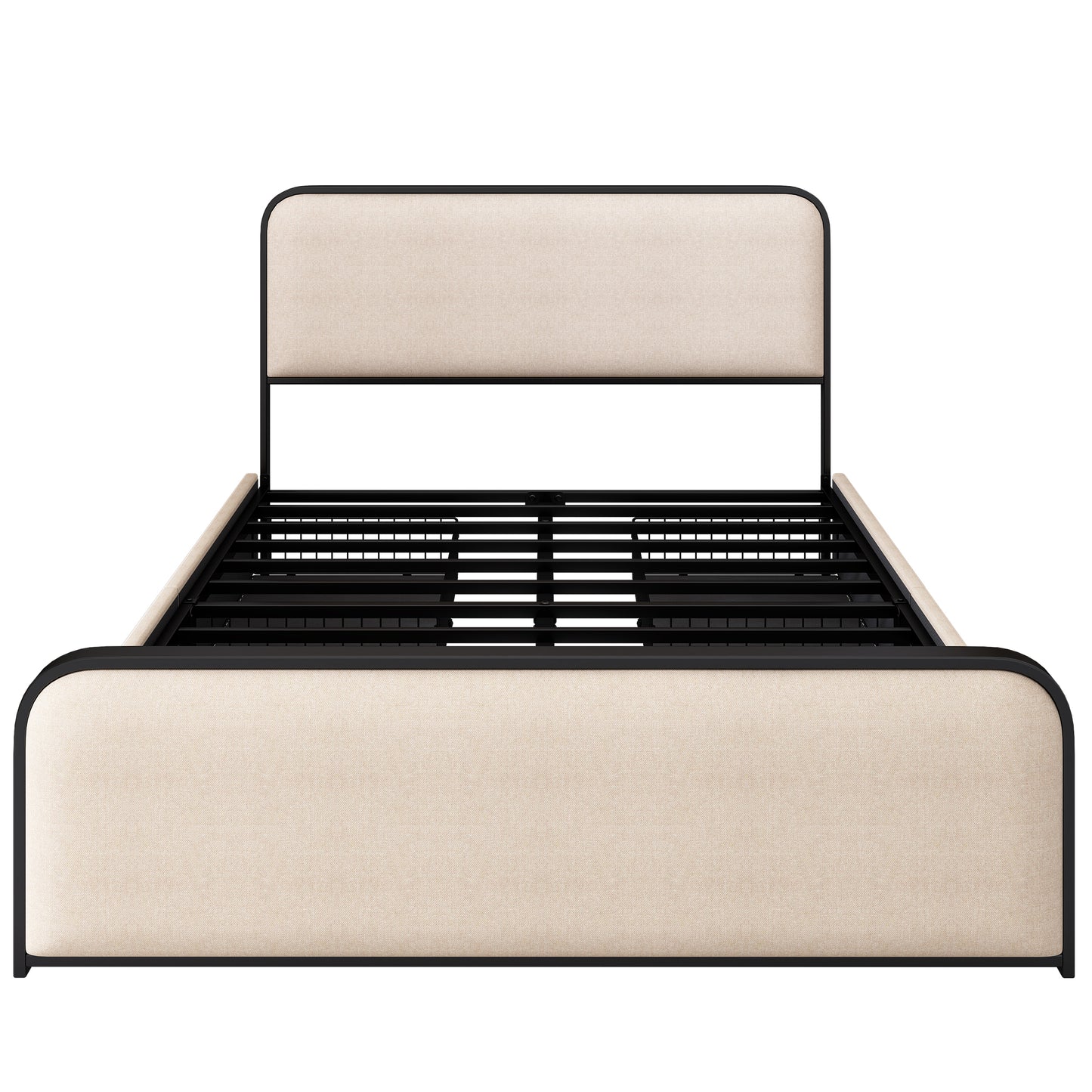 Modern Metal Bed Frame with Curved Upholstered Headboard and Footboard Bed with 4 Storage Drawers, Heavy Duty Metal Slats, Queen Size, Beige