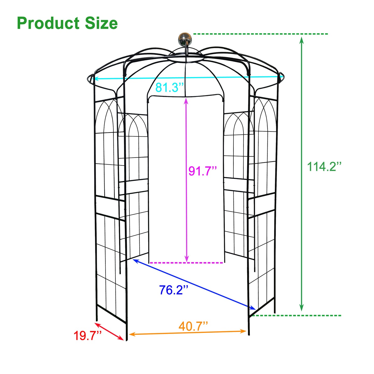Metal Garden Arch Iron Garden Arbors Gazebo Dia81.3'' x 114.2'' High Birdcage Shape Pergola Pavilion for Wedding Ceremony
Outdoor Black
