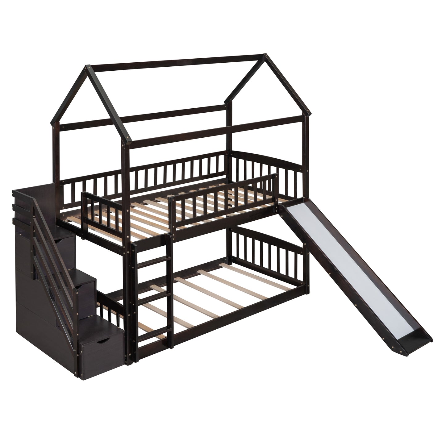 Twin Over Twin Bunk Bed with Drawers and Slide, House Bed with Slide,Espresso(OLD SKU :LT000215AAP)