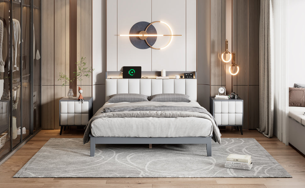 3-Pieces Bedroom Sets,Queen Size Wood Platform Bed and Two Nightstands,Storage Platform bed with USB and LED Lights-Gray+White