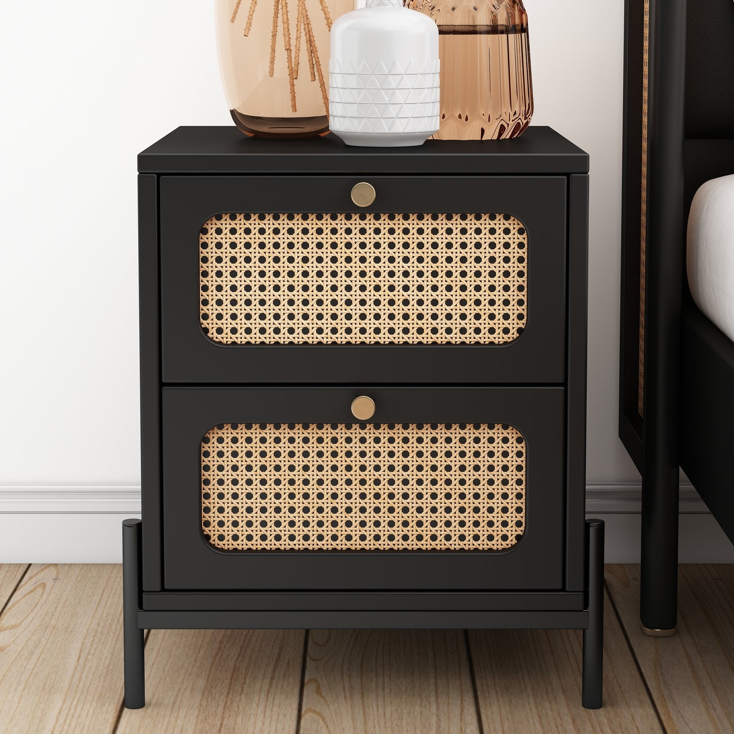 4 Pieces Modern Cannage Rattan Platform Queen Bed + Nightstand*2+ Dresser, Black