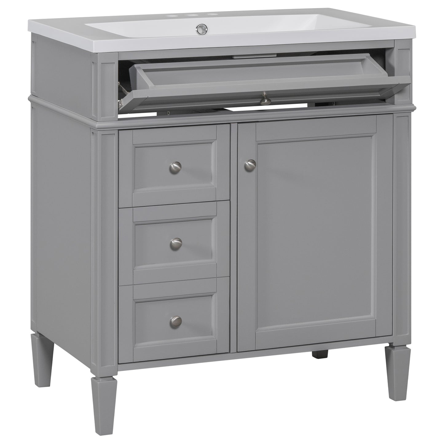 30'' Bathroom Vanity with Top Sink, Modern Bathroom Storage Cabinet with 2 Drawers and a Tip-out Drawer, Freestanding Vanity Set with Mirror Cabinet, Single Sink Bathroom Vanity