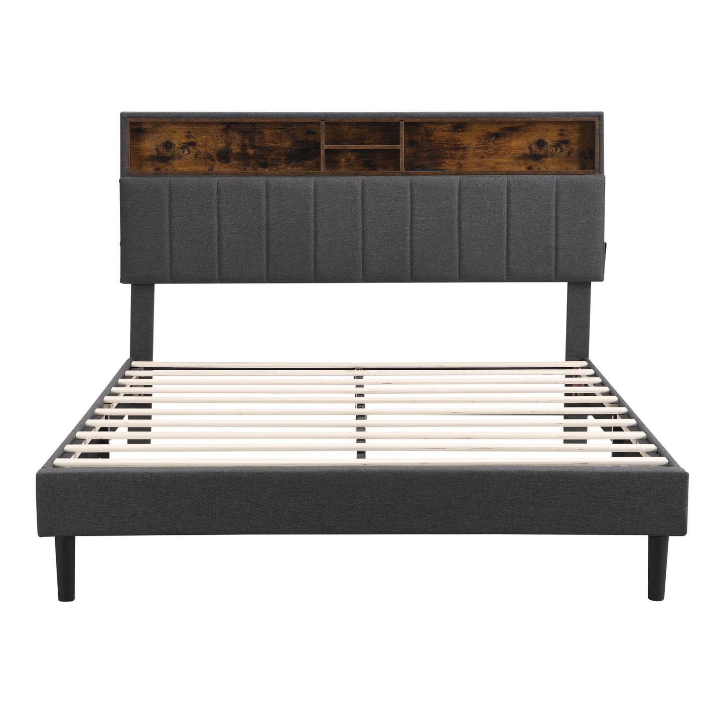 Queen Size Upholstered Platform Bed with Storage Headboard and USB Port, Linen Fabric Upholstered Bed (Gray)