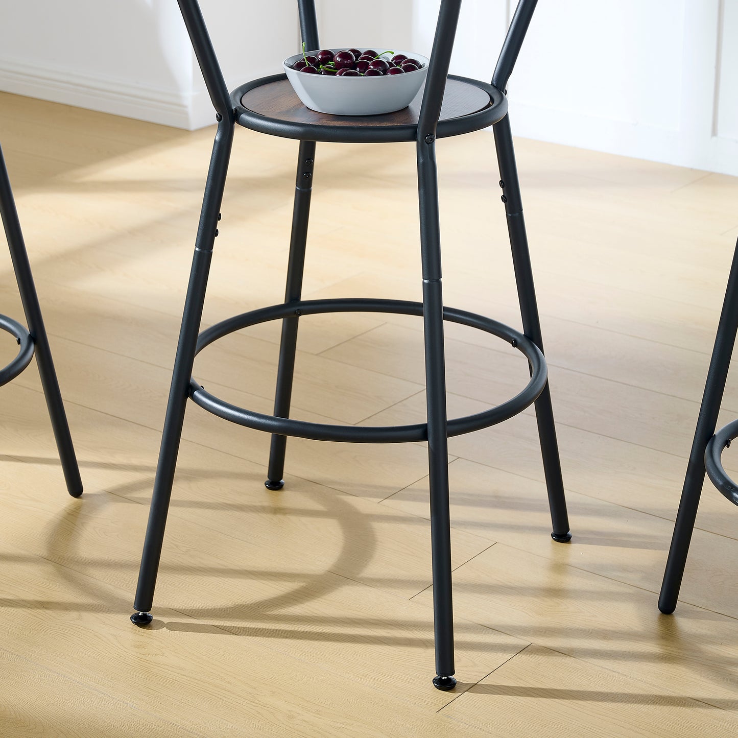 Round bar table and stool set with shelf, upholstered stool with backrest, Rustic Brown, 24.17"W x 24.17"D x 36.02"H