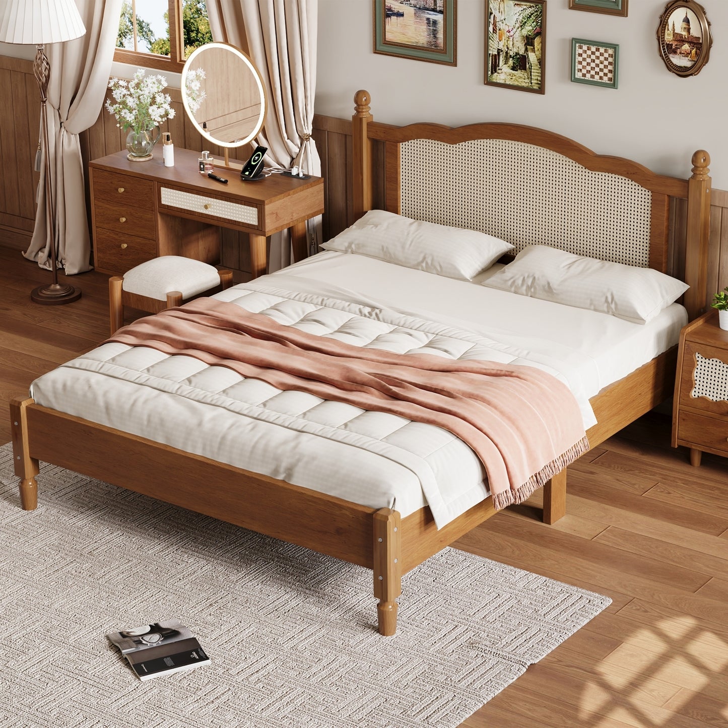 Queen Size Wooden Platform Bed with Natural Rattan Headboard, Vintage Bed Frame with Wooden Slat Support, Walnut (Expected Arrival Time: 08.23)