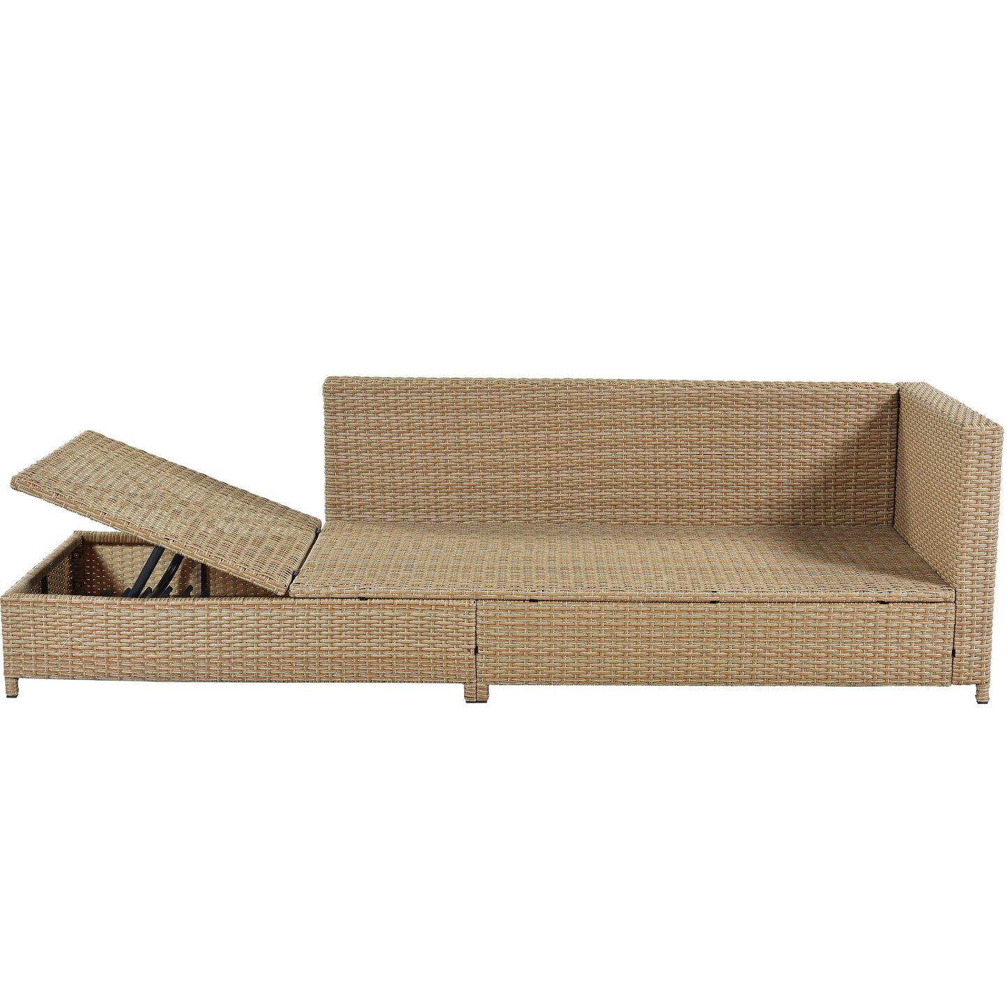 TOPMAX Patio 3-Piece Rattan Sofa Set All Weather PE Wicker Sectional Set with Adjustable Chaise Lounge Frame and Tempered Glass Table, Natural Brown
