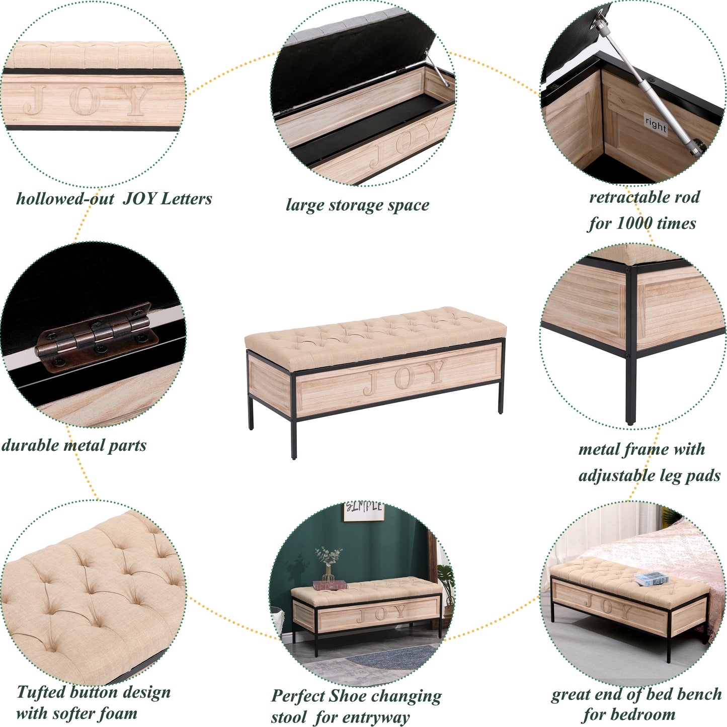 Linen Upholstered Ottoman End of Bed Button Tufted Storage Benches for Bedroom, Living Room, Hallway (Light Yellow)