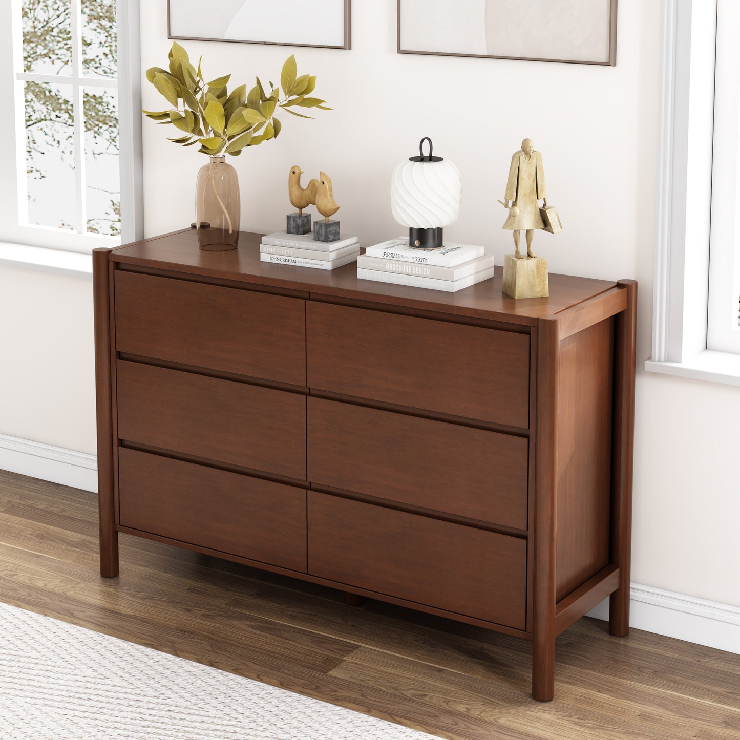 4 Pieces Bedroom Sets Mid Century Modern Upholestery Walnut Wood Frame Queen Platform Bed with Two Nightstands and Dresser