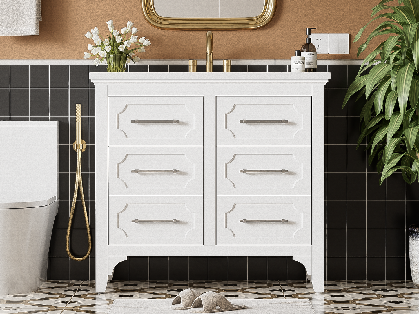 36'' Bathroom Vanity with Resin Sink Combo, Free Standing Single Vanity Set with Four Drawers, Solid Wood Frame Bathroom Storage Cabinet