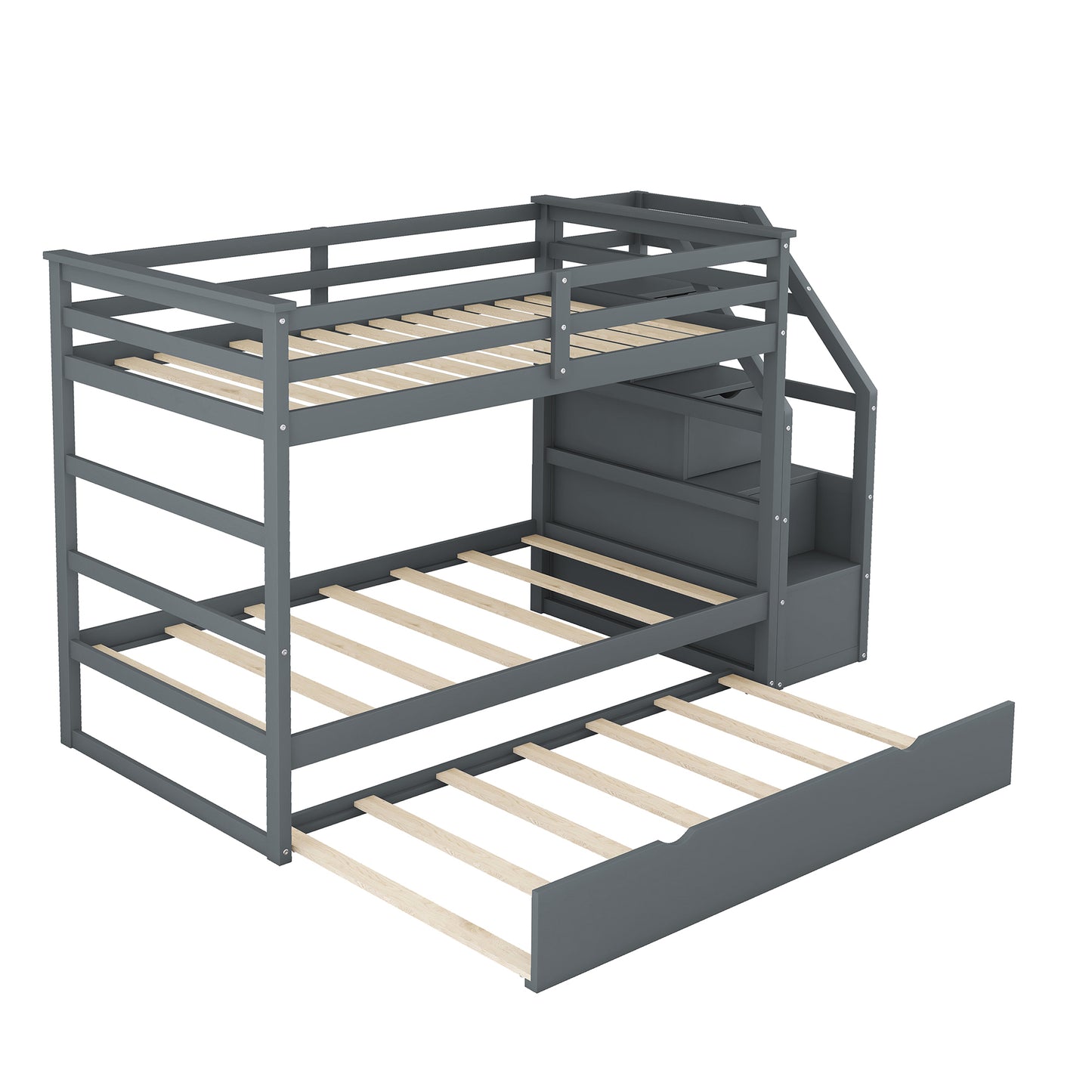 Twin-Over-Twin Bunk Bed with Twin Size Trundle and 3 Storage Stairs,Gray (OLD SKU :LP000064AAE)