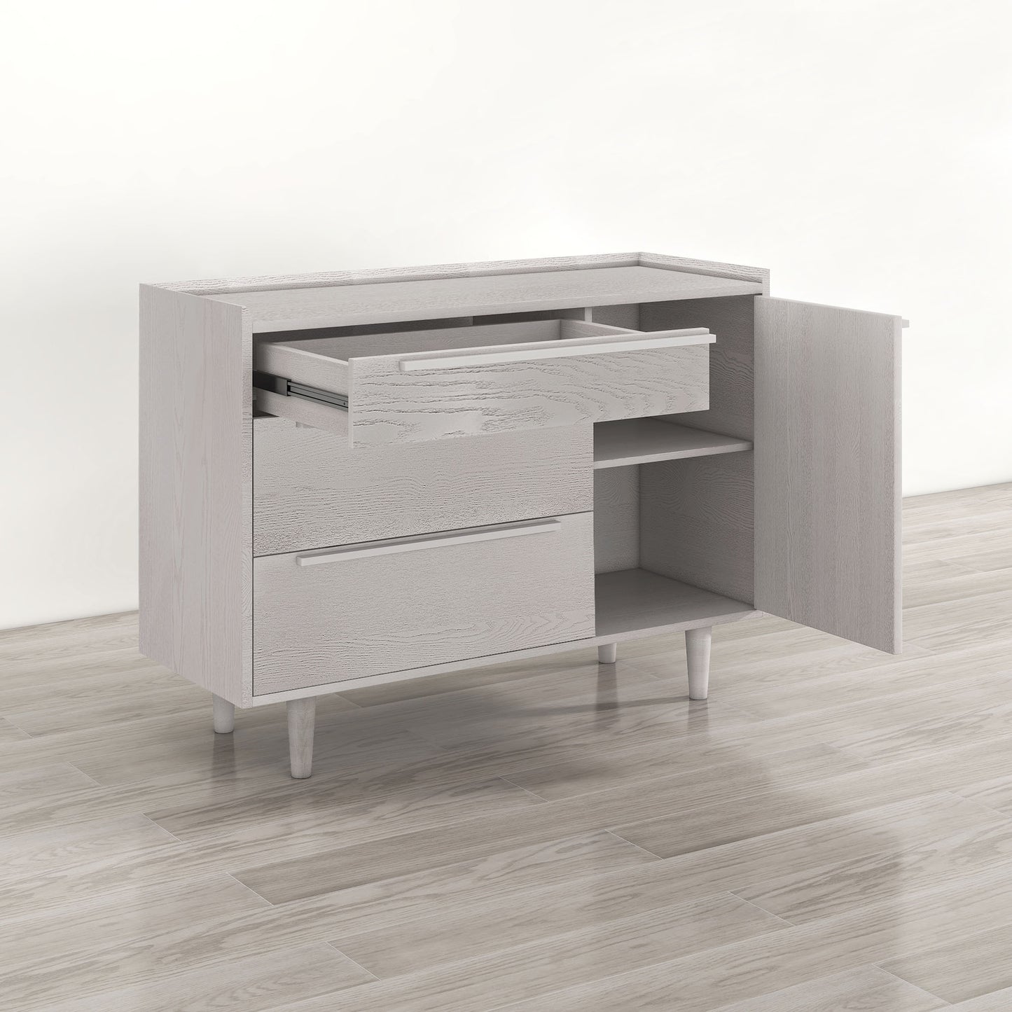 Modern Sideboard with 3 Drawers Storage Cabinet Entryway Floor Cabinet Sideboard Dresser with Solid Wood Legs for bedroom and living room , Stone Gray
