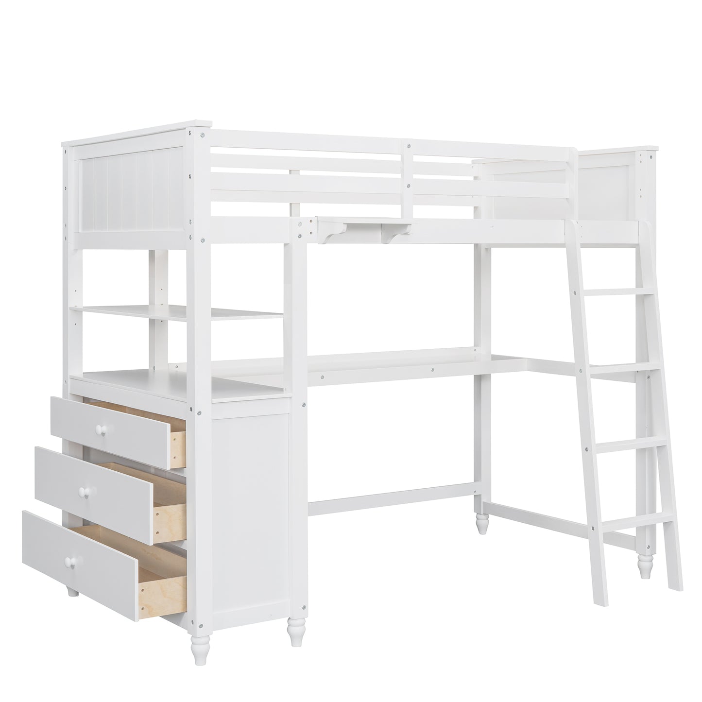 Twin size Loft Bed with Drawers and Desk, Wooden Loft Bed with Shelves - White(OLD SKU: LP000530AAK)