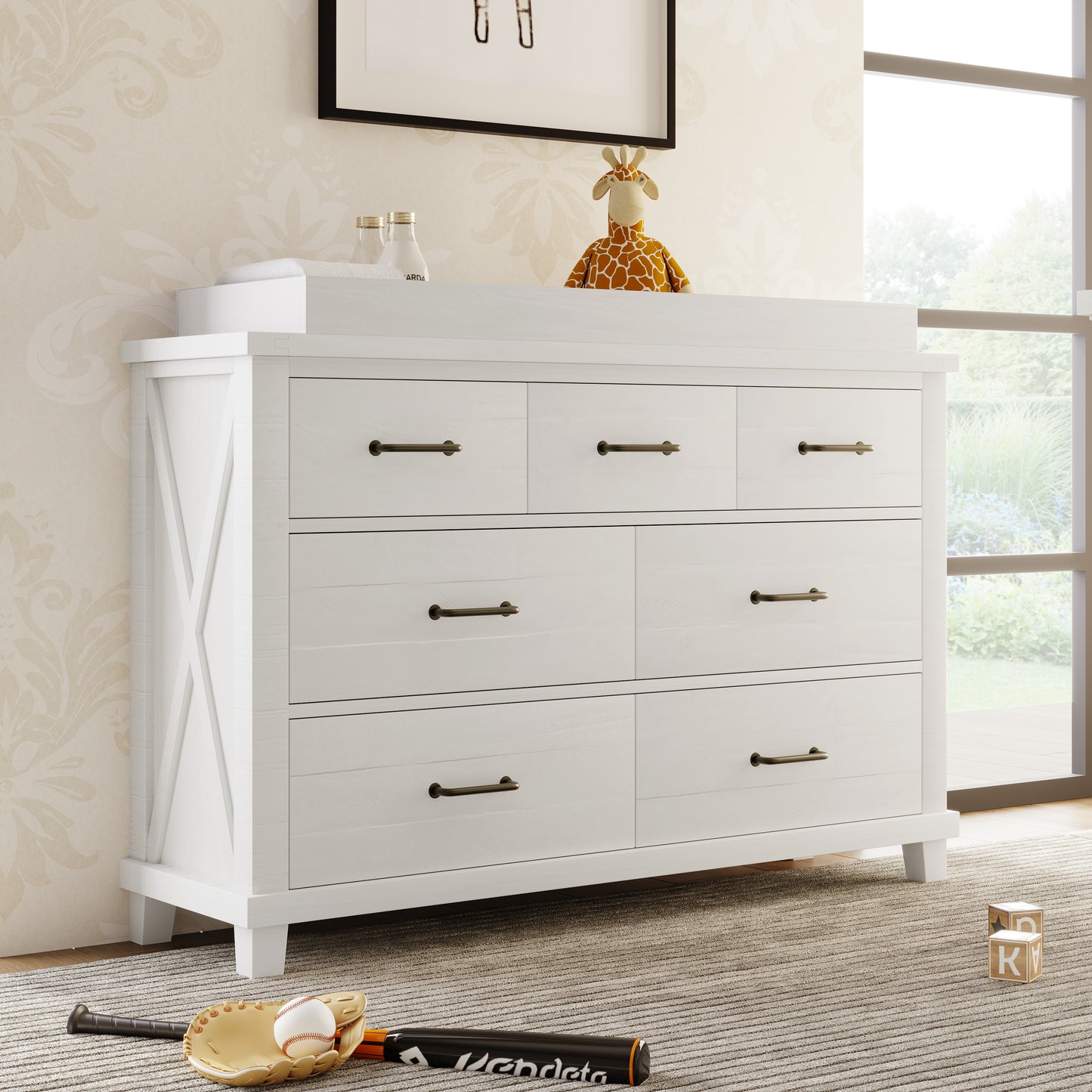 Rustic Farmhouse Style 3 Pieces Nursery Sets Whitewash Baby Crib and Changer Dreeser with Removable Changing Tray Bedroom Sets White