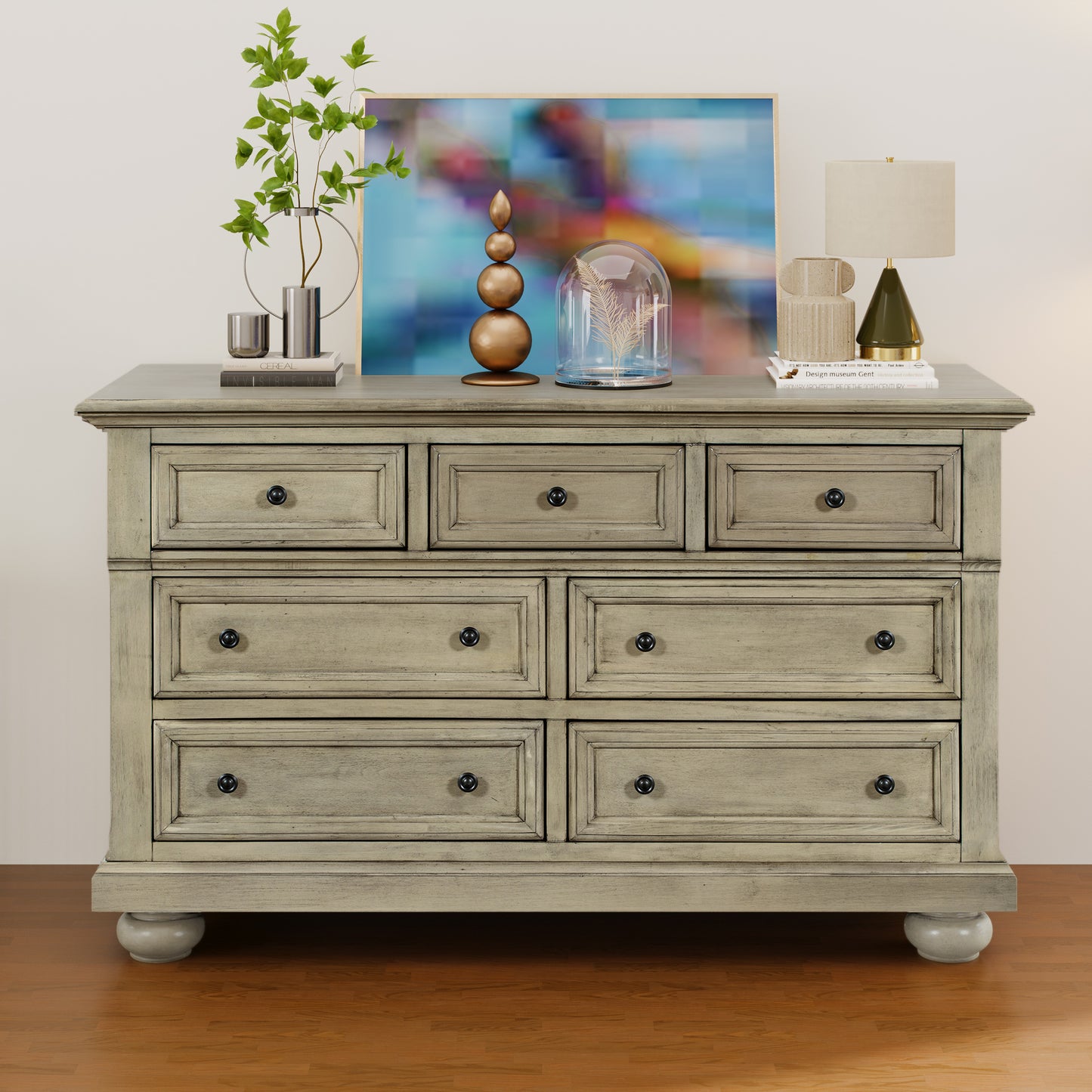 Solid Wood Seven-Drawer Dresser with Changing Topper for Nursery, Kid's Room, Bedroom, Stone Gray