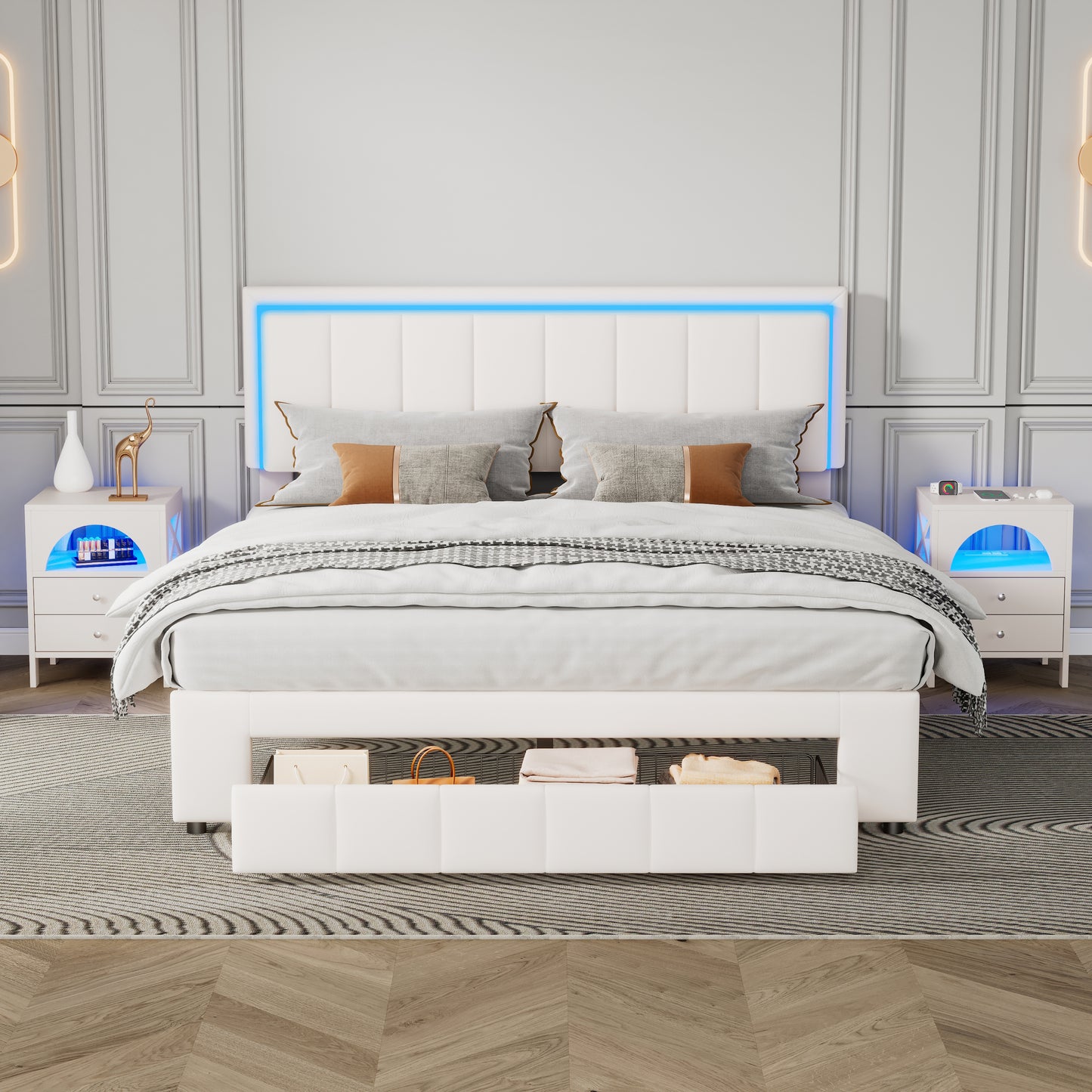 3-Pieces Bedroom Sets,Queen Size Upholstered Bed with LED Lights and Motion Activated Night Lights,Two Nightstands with USB Charging Station and LED lights,White