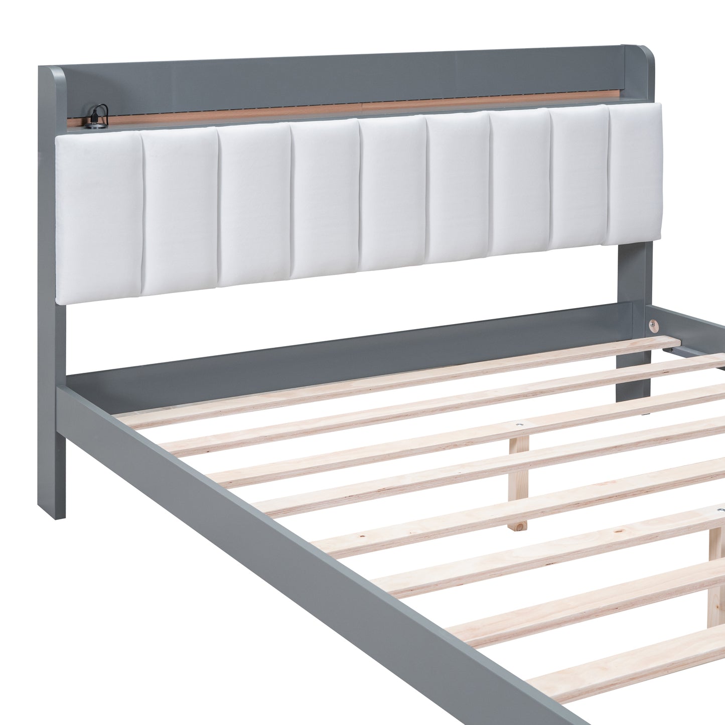3-Pieces Bedroom Sets,Queen Size Wood Platform Bed and Two Nightstands,Storage Platform bed with USB and LED Lights-Gray+White