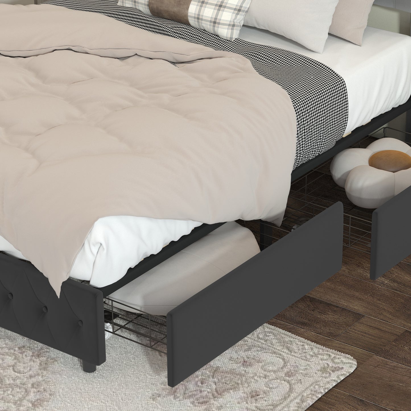 Queen Platform Bed Frame , Velvet Upholstered Bed with Deep Tufted Buttons and Nailhead Trim, Adjustable Colorful LED Light Decorative Headboard, Bed Sides with Pull-Out Storage 4 Drawers, Black