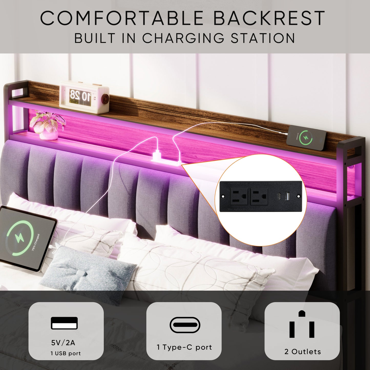 Queen Bed Frames with Storage Headboard and Drawers, LED Platform Bed Frame Queen Size, LED Upholstered Bed Frame with Charging Station, No Box Spring Needed, Easy Assembly