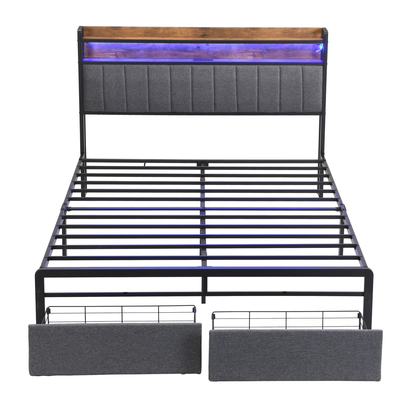 Queen Bed Frames with Storage Headboard and Drawers, LED Platform Bed Frame Queen Size, LED Upholstered Bed Frame with Charging Station, No Box Spring Needed, Easy Assembly
