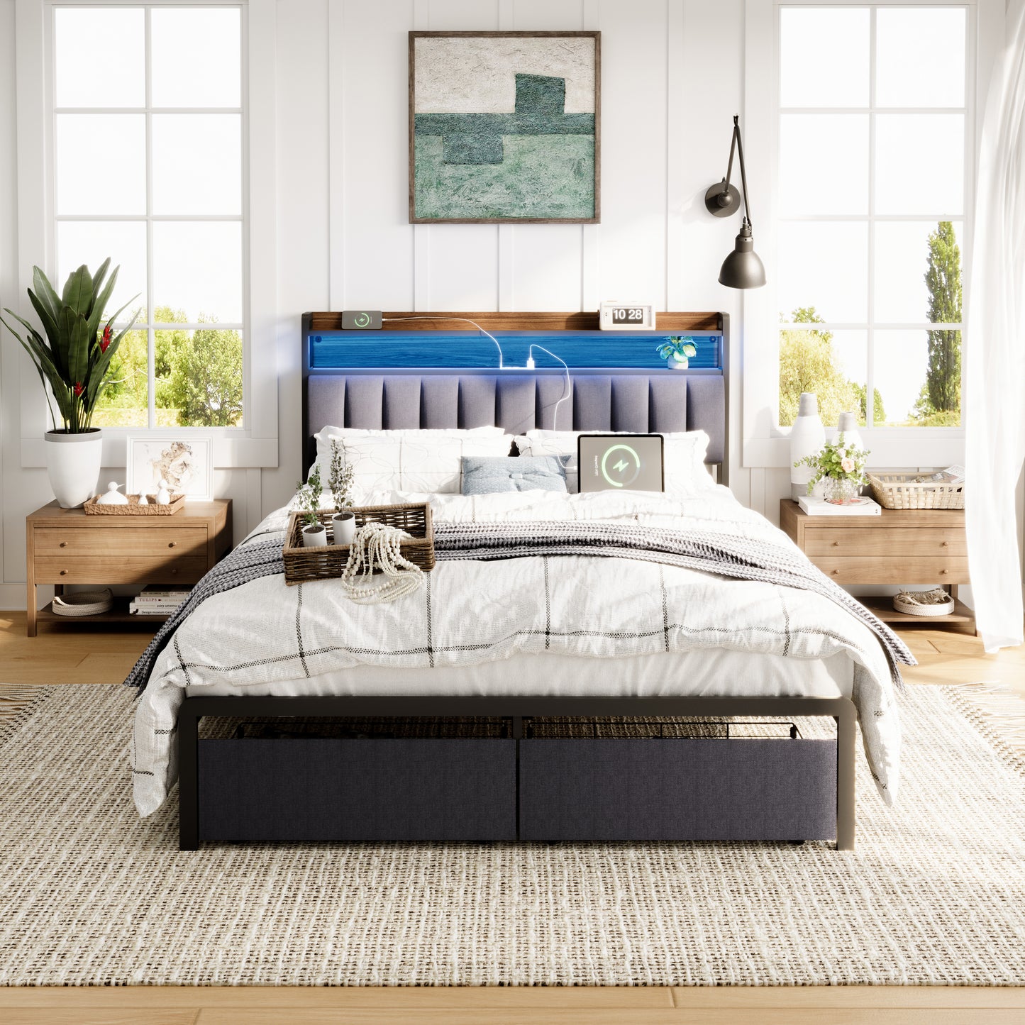 Queen Bed Frames with Storage Headboard and Drawers, LED Platform Bed Frame Queen Size, LED Upholstered Bed Frame with Charging Station, No Box Spring Needed, Easy Assembly