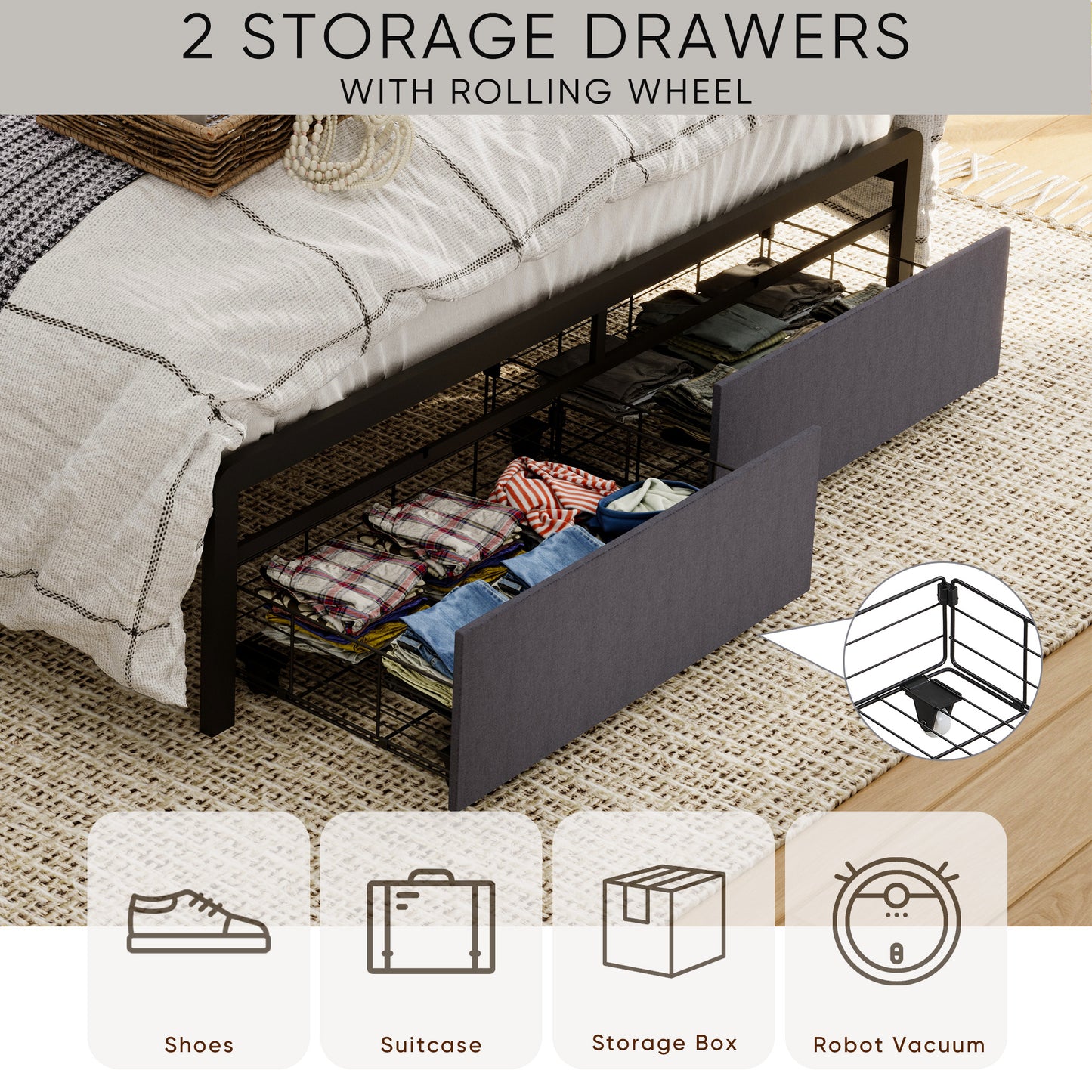 Queen Bed Frames with Storage Headboard and Drawers, LED Platform Bed Frame Queen Size, LED Upholstered Bed Frame with Charging Station, No Box Spring Needed, Easy Assembly
