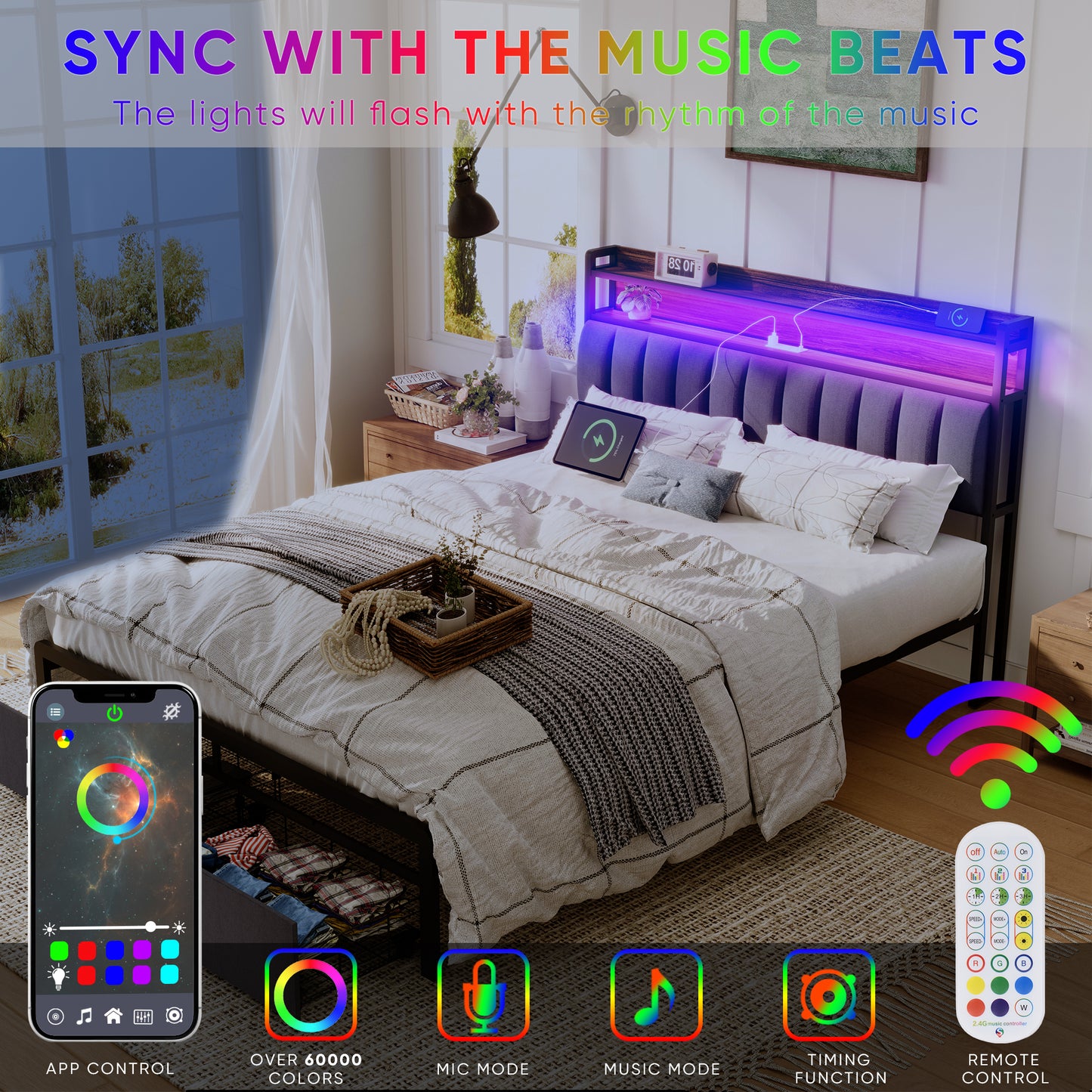Queen Bed Frames with Storage Headboard and Drawers, LED Platform Bed Frame Queen Size, LED Upholstered Bed Frame with Charging Station, No Box Spring Needed, Easy Assembly