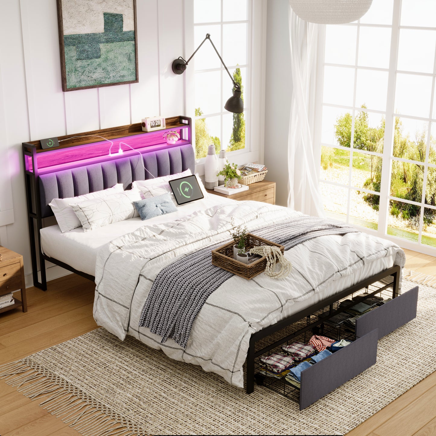 Queen Bed Frames with Storage Headboard and Drawers, LED Platform Bed Frame Queen Size, LED Upholstered Bed Frame with Charging Station, No Box Spring Needed, Easy Assembly