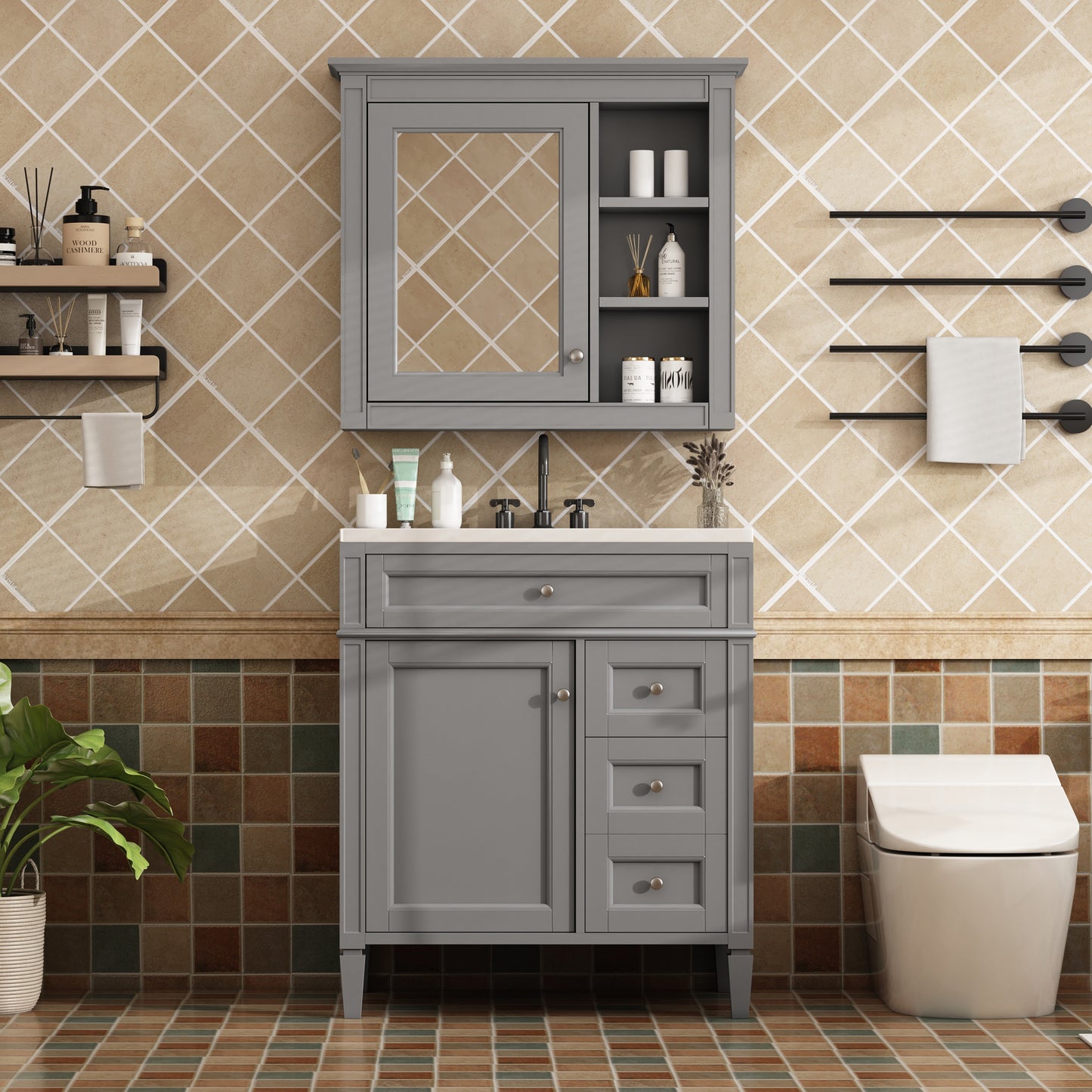 30'' Bathroom Vanity with Top Sink, Modern Bathroom Storage Cabinet with 2 Drawers and a Tip-out Drawer, Freestanding Vanity Set with Mirror Cabinet, Single Sink Bathroom Vanity