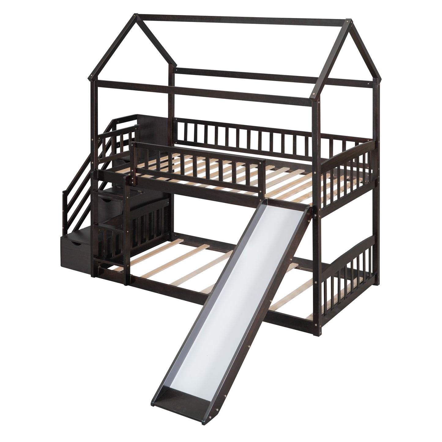 Twin Over Twin Bunk Bed with Drawers and Slide, House Bed with Slide,Espresso(OLD SKU :LT000215AAP)