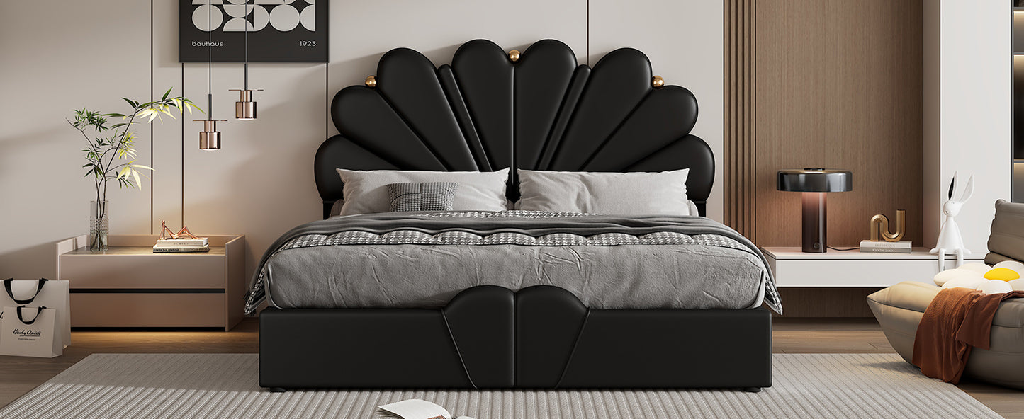 Queen Size Upholstered Petal Shaped Platform Bed with Hydraulic Storage System, PU Storage Bed, Decorated with metal balls, Black