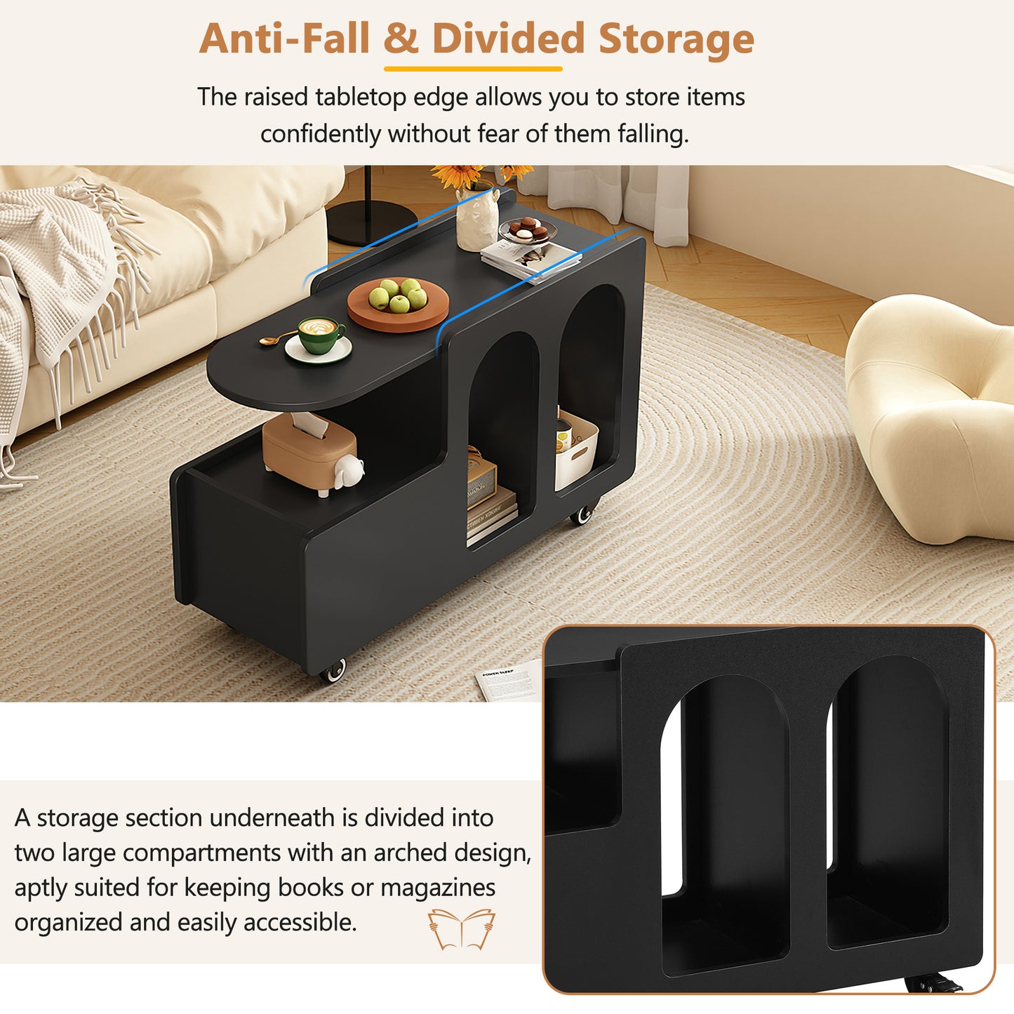 ON-TREND Mobile End Table with lockable wheels, Cream Style Side Table with Storage Drawer, 11.8inch Narrow Nightstand with Multi-layer Storage, Living Room, Black