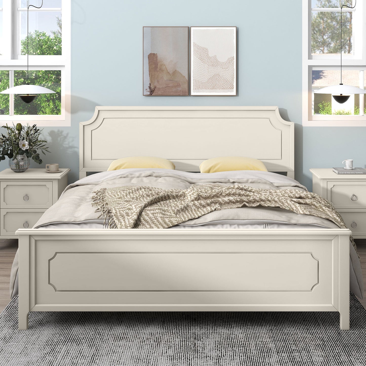 Milky White Solid Rubber Wood Platform Bed, King