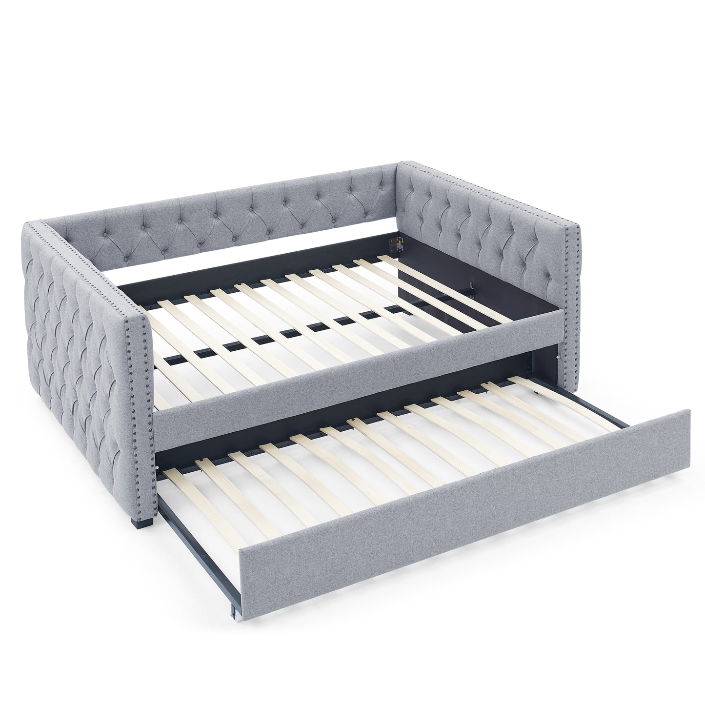 Daybed with Trundle Upholstered Tufted Sofa Bed, with Button and Copper Nail on Square Arms,Full Daybed & Twin Trundle, Grey(85"x57"x31.5")