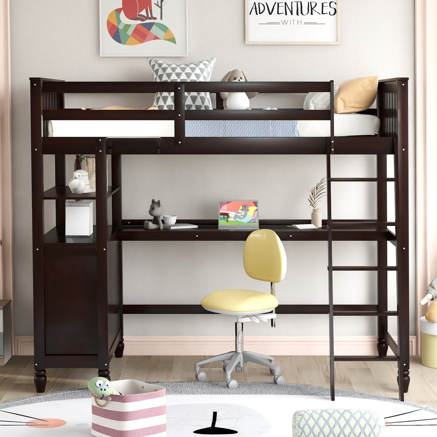 Twin size Loft Bed with Drawers and Desk, Wooden Loft Bed with Shelves - Espresso(OLD SKU: LP000530AAP)