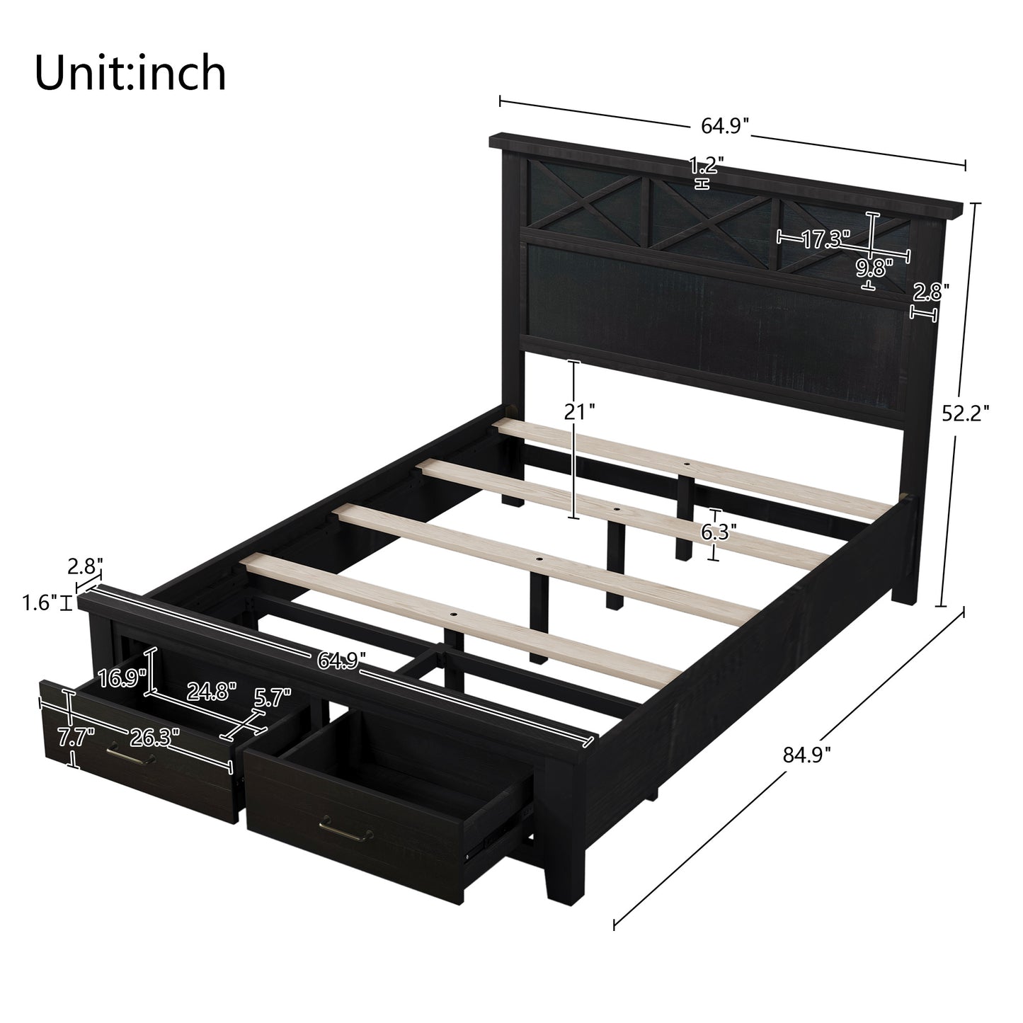 Rustic Farmhouse Style Blackwash Queen Storage Panel Bed with Two Drawers, Coffee