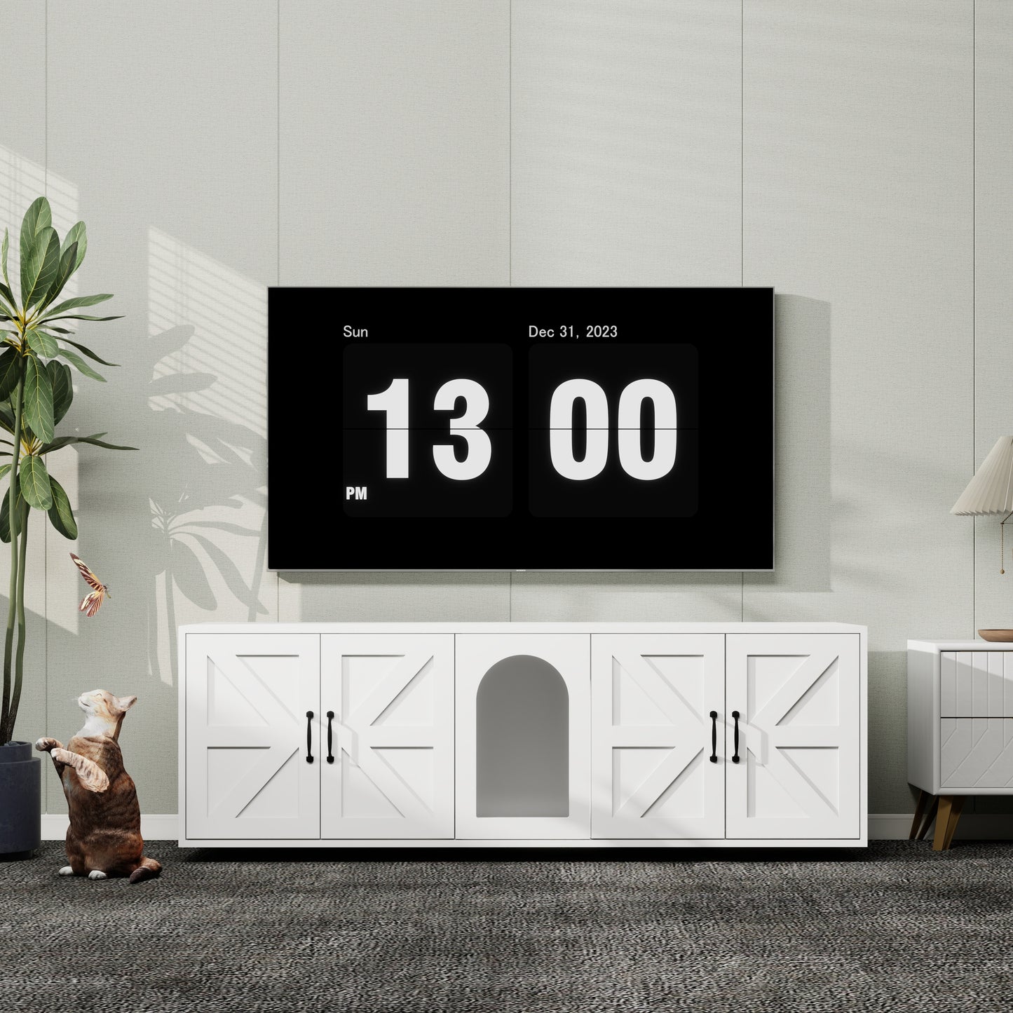 Litter Box Enclosure for 2 Cats, Modern Cat Litter Box Furniture with Double Room, Wooden Litter Box Furniture with Cat Door, 59.05"L x 17.71"W x 18.89"H-White