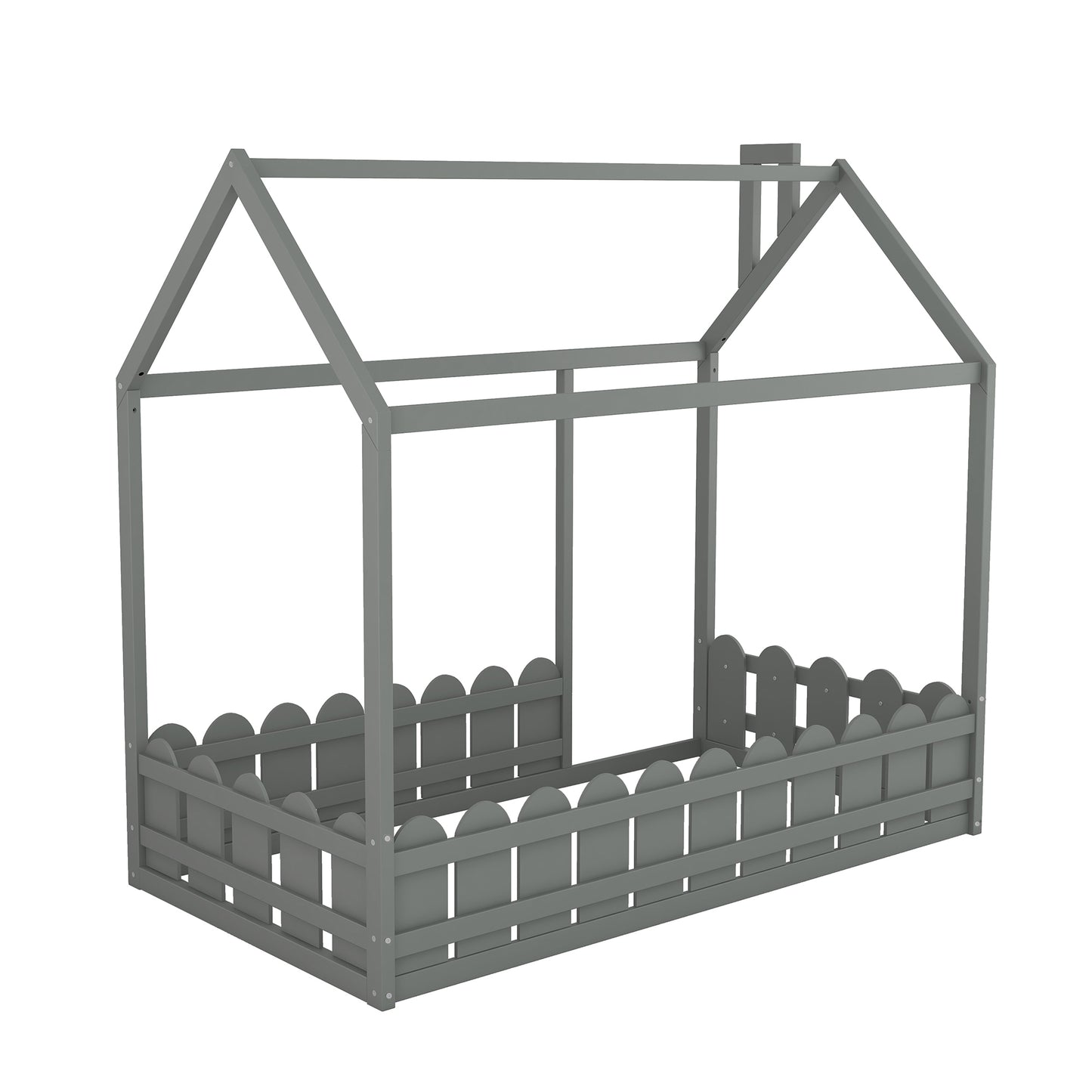 (Slats are not included) Twin Size Wood Bed House Bed Frame with Fence, for Kids, Teens, Girls, Boys (Gray )(OLD SKU :WF194274AAE)