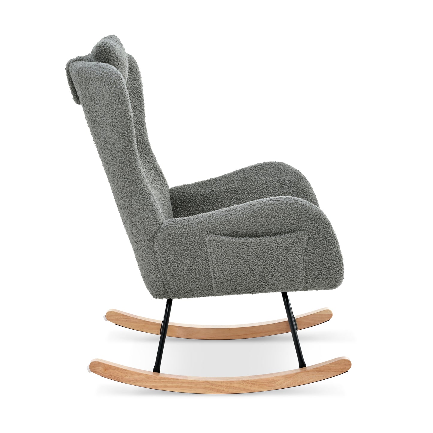 Rocking Chair Nursery, Teddy Upholstered Rocker Glider Chair with High Backrest, Adjustable Headrest & Pocket, Comfy Glider Chair for Nursery, Bedroom, Living Room, Offices, Rubber wood, gray