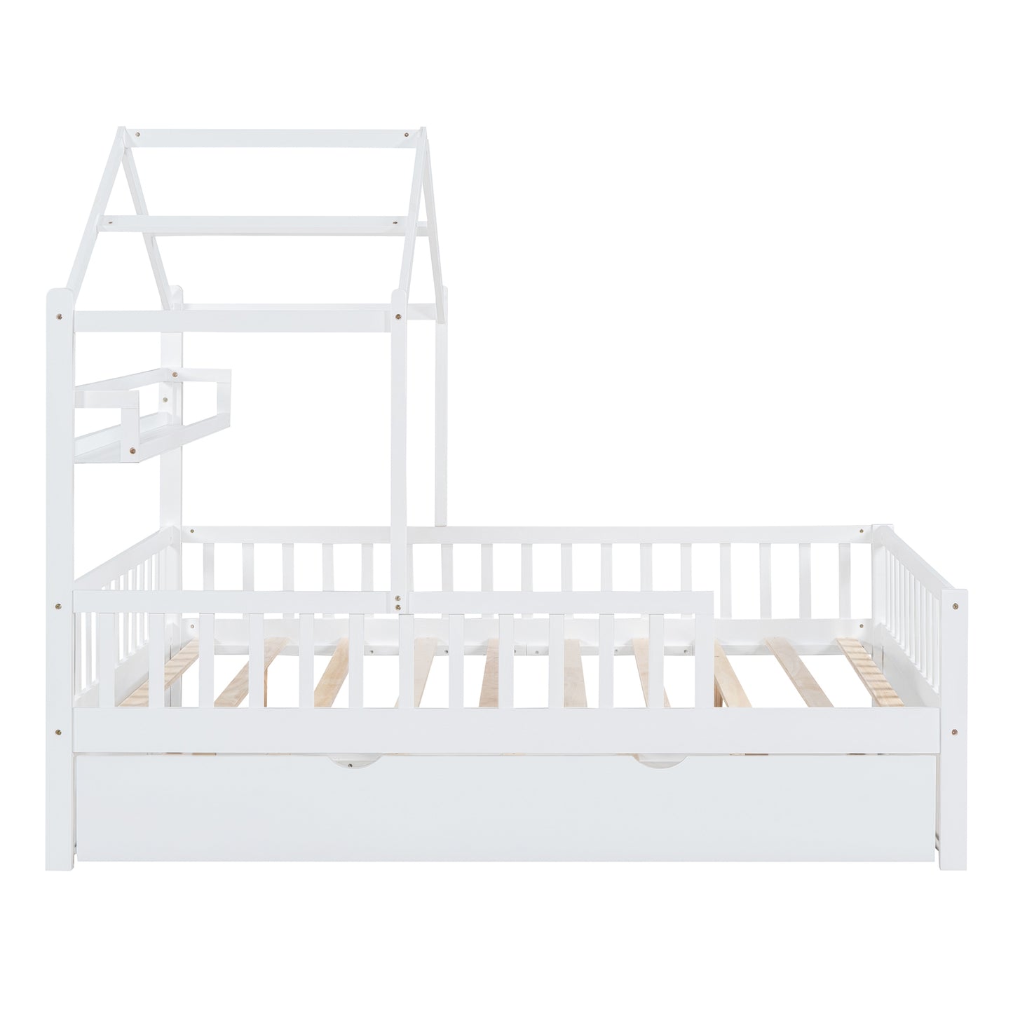 Wooden Full Size House Bed with Twin Size Trundle,Kids Bed with Shelf,White