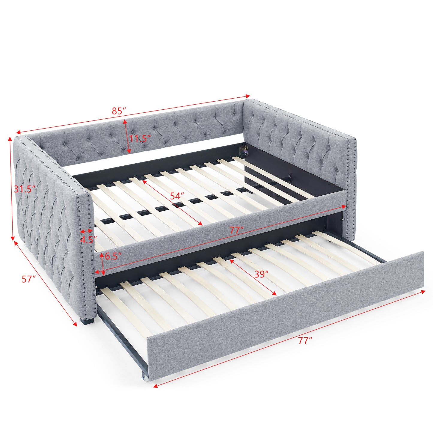 Daybed with Trundle Upholstered Tufted Sofa Bed, with Button and Copper Nail on Square Arms,Full Daybed & Twin Trundle, Grey(85"x57"x31.5")