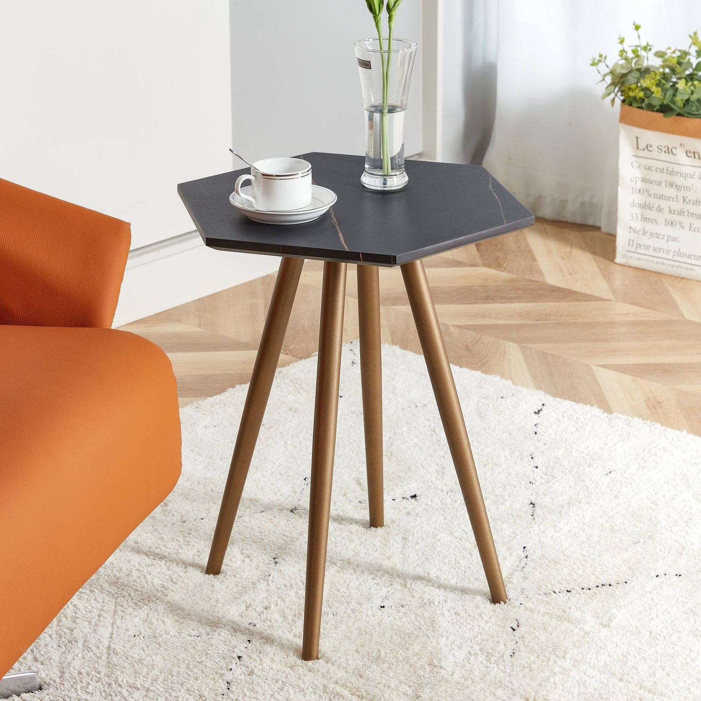 Modern Minimalism Black Faux Marble End&Side Table, Small Accent Coffee Table with Dark Gold Metal Legs, Hexagon Nightstand for Living Room,Bedroom, Apartment Small Space ( MDF Tabletop + Metal Legs )