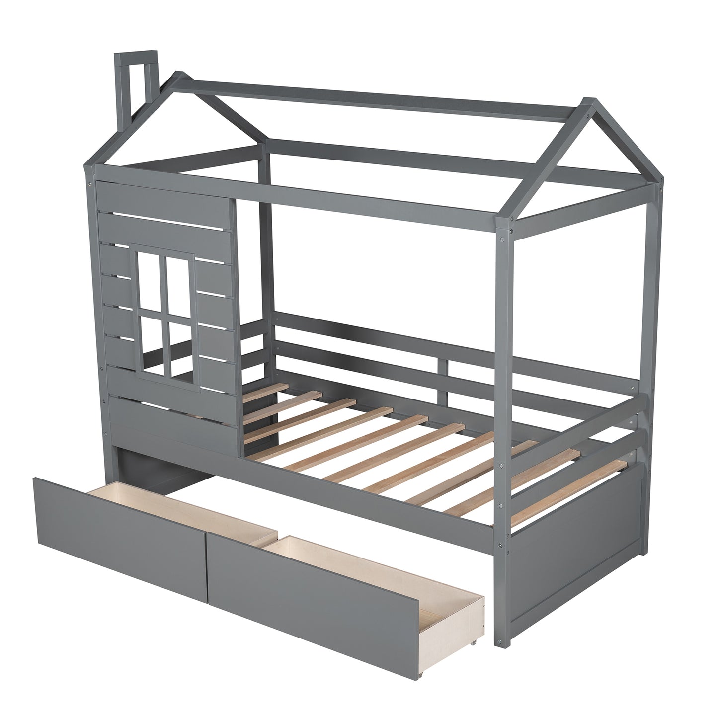 Twin Size House Bed Wood Bed with Two Drawers ( Gray )