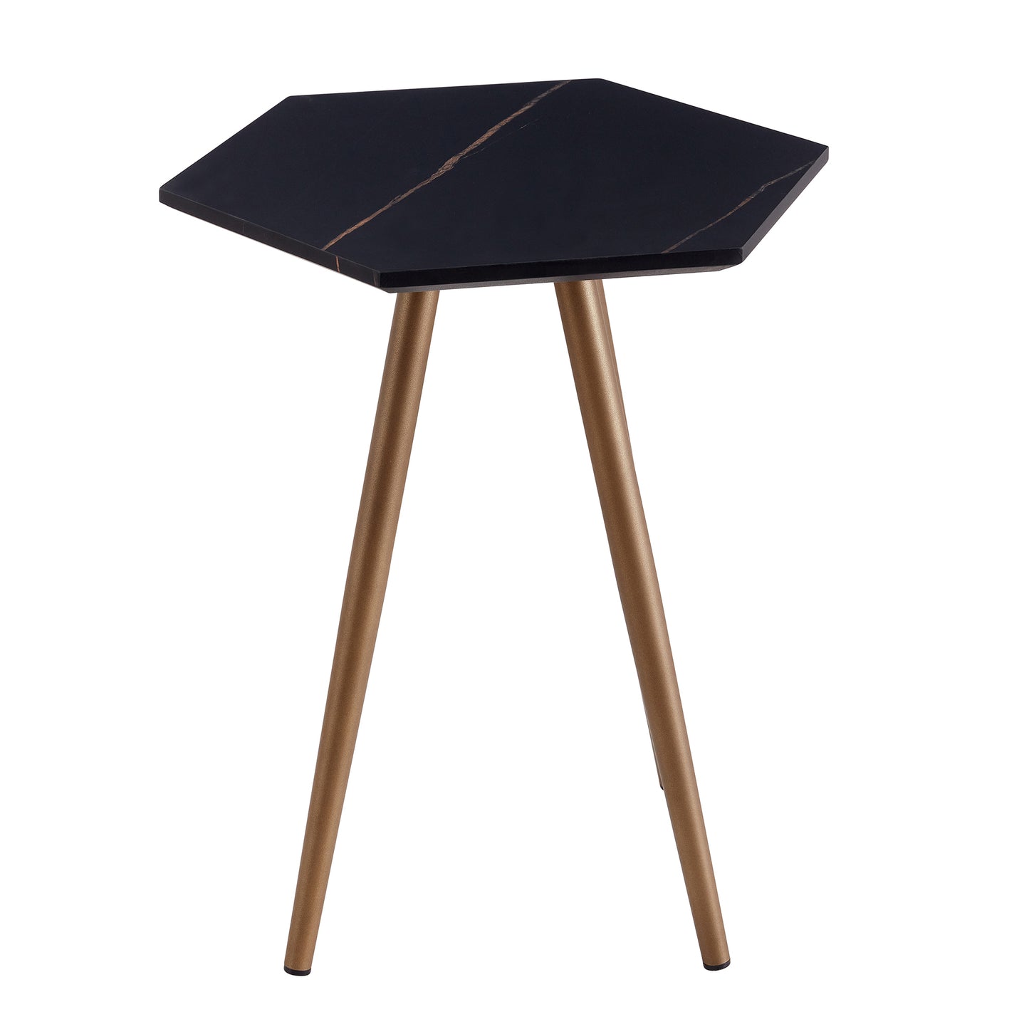 Modern Minimalism Black Faux Marble End&Side Table, Small Accent Coffee Table with Dark Gold Metal Legs, Hexagon Nightstand for Living Room,Bedroom, Apartment Small Space ( MDF Tabletop + Metal Legs )