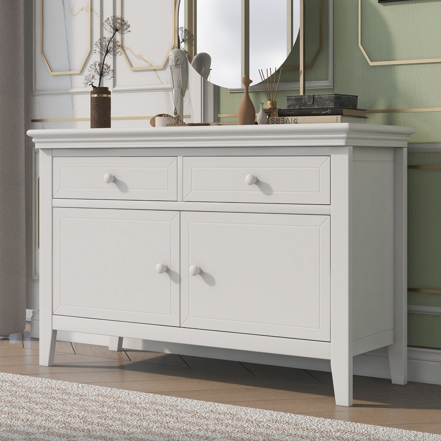 6 Pieces Traditional Concise Style White Bedroom Sets, Nightstand*2+ Chest+ Dresser+ Mirror+ King Bed