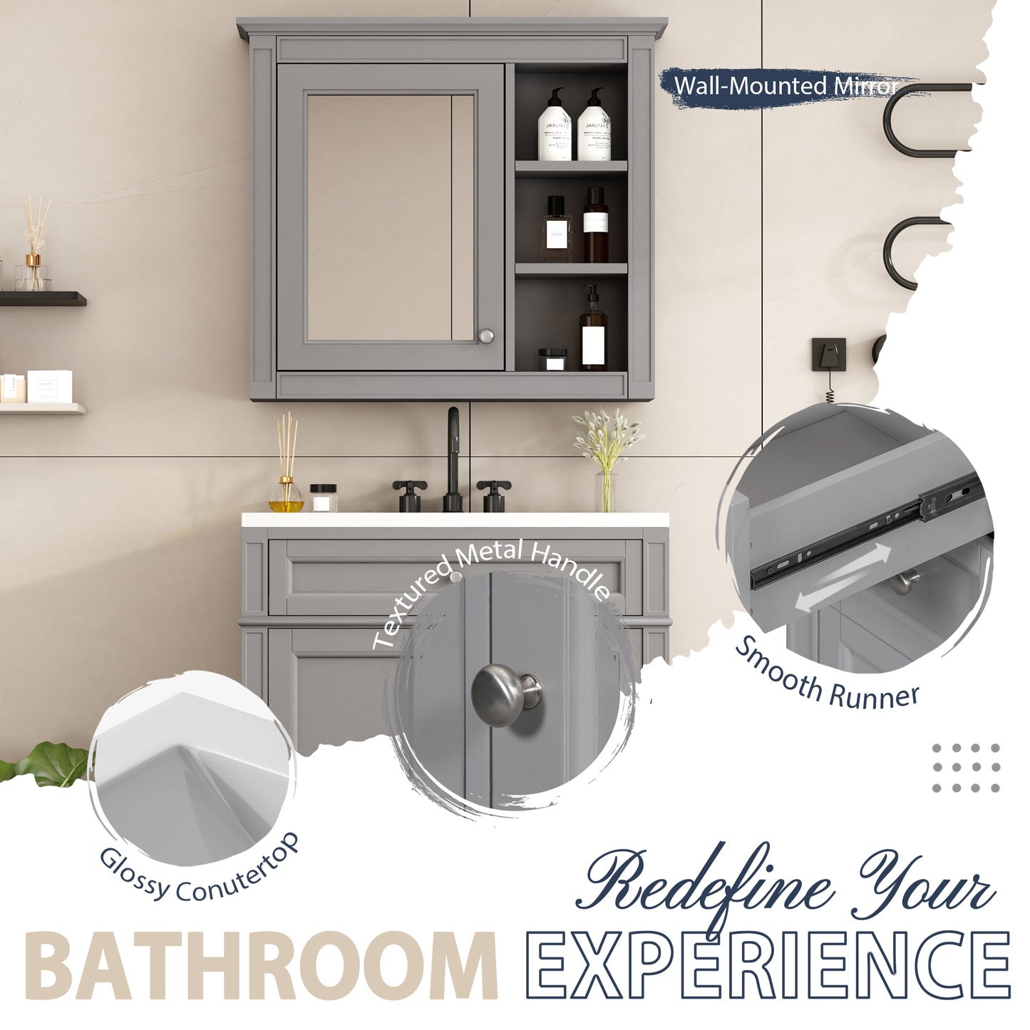 30'' Bathroom Vanity with Top Sink, Modern Bathroom Storage Cabinet with 2 Drawers and a Tip-out Drawer, Freestanding Vanity Set with Mirror Cabinet, Single Sink Bathroom Vanity