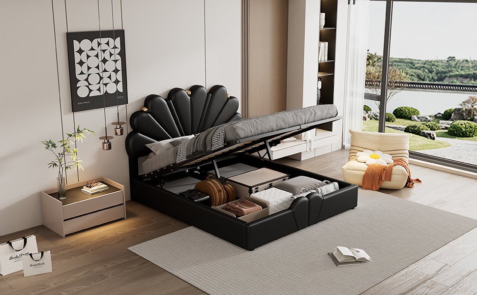 Queen Size Upholstered Petal Shaped Platform Bed with Hydraulic Storage System, PU Storage Bed, Decorated with metal balls, Black