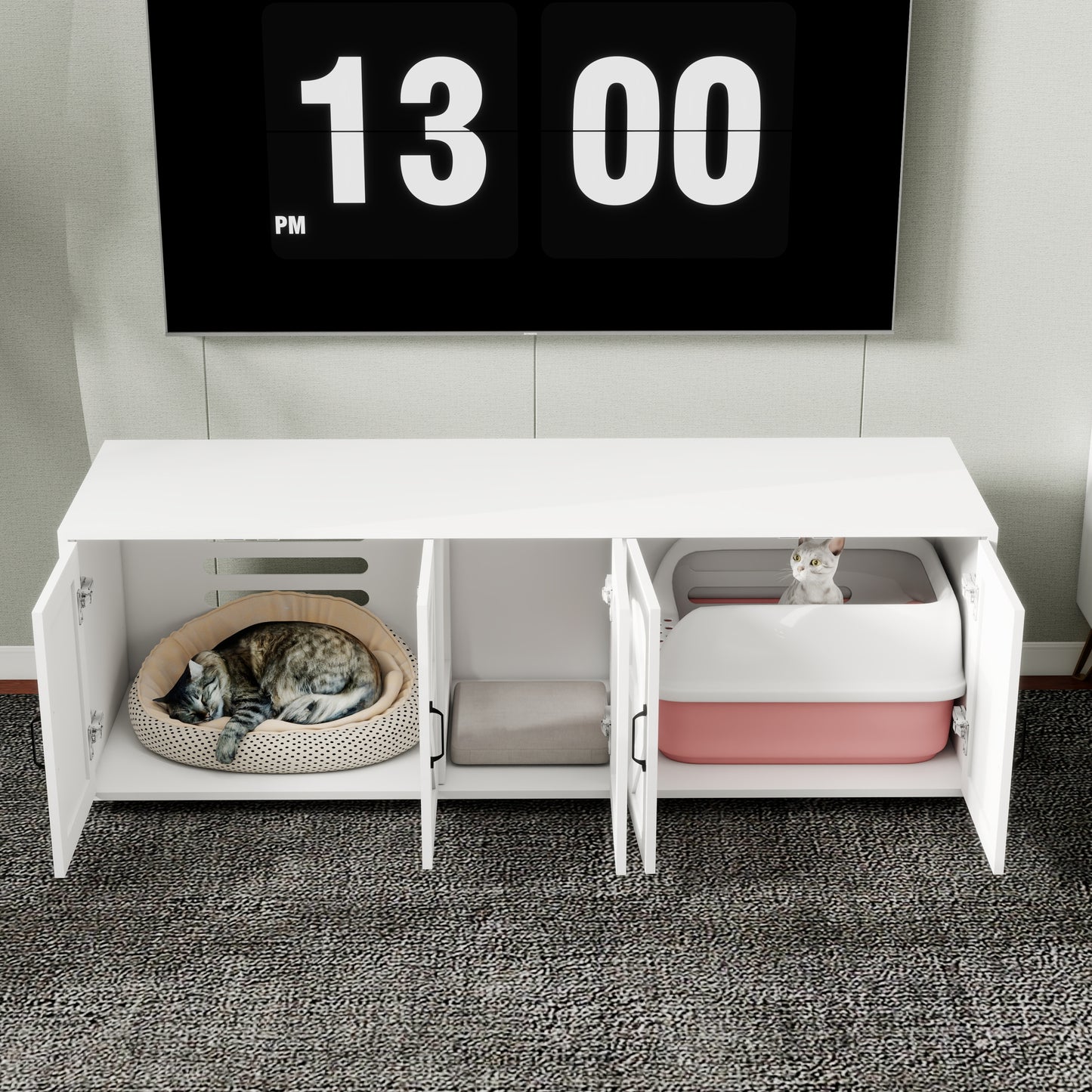 Litter Box Enclosure for 2 Cats, Modern Cat Litter Box Furniture with Double Room, Wooden Litter Box Furniture with Cat Door, 59.05"L x 17.71"W x 18.89"H-White